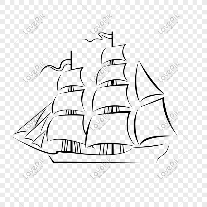 Black line drawing hand drawn cartoon big sailboat, Line drawing sailboat, sail, hand drawn sailboat png picture