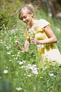 Маленькая девочка собирать цветы stock pictures. & изображений