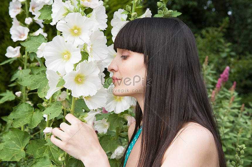 Mujer Que Huele A Flores En El Jardín Foto | Descarga Gratuita HD Imagen de  Foto - Lovepik