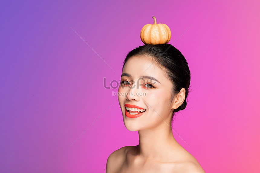 Creative Beauty Girl With Small Pumpkin Above Her Head Picture And HD ...