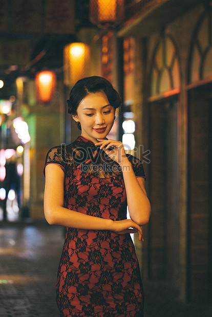 City Night Neon Lights Wearing Red Cheongsam Picture And Hd Photos