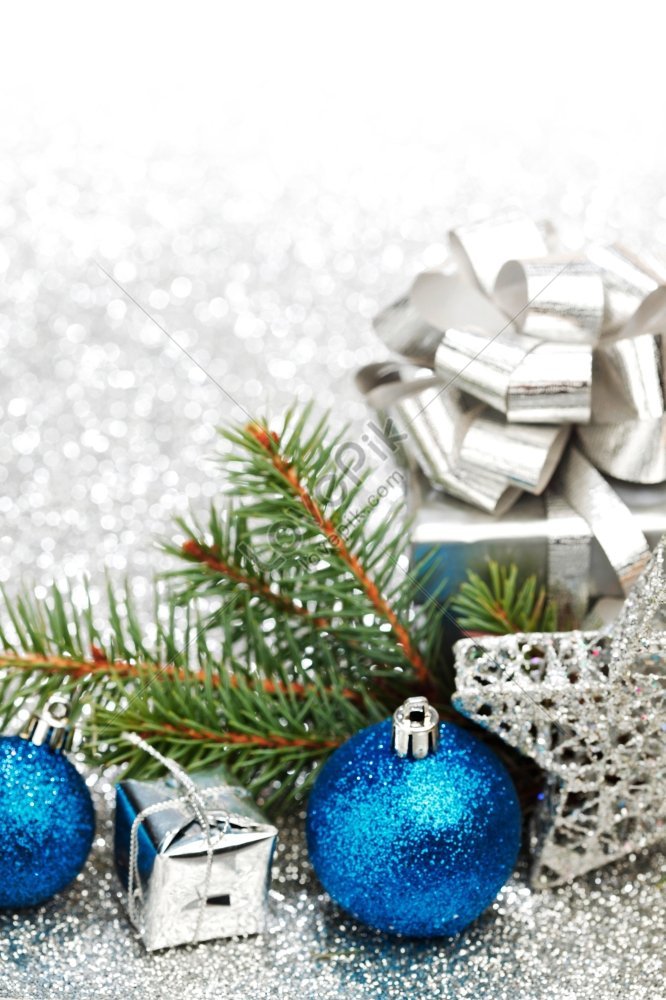 Christmas Fir Tree Branch And Decoration On Silver Glitter Background ...