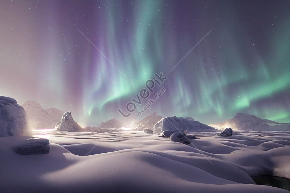 Aurora Borealis On Night Sky Over Winter Landscape With Snow Aurora ...