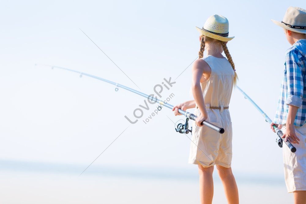 Boy And Girl With Fishing Rods Boy And Girl With Fishing Rods