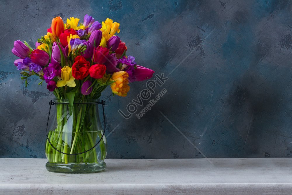 Bouquet Of Bright Spring Flowers In Vase On Dark Background With Copy ...