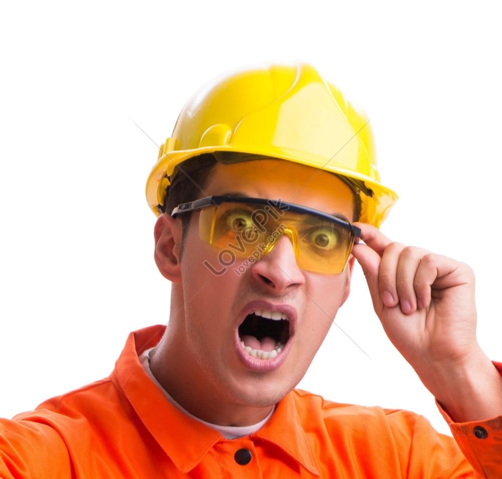 Construction Worker Isolated Wearing Hard Hat On White Background