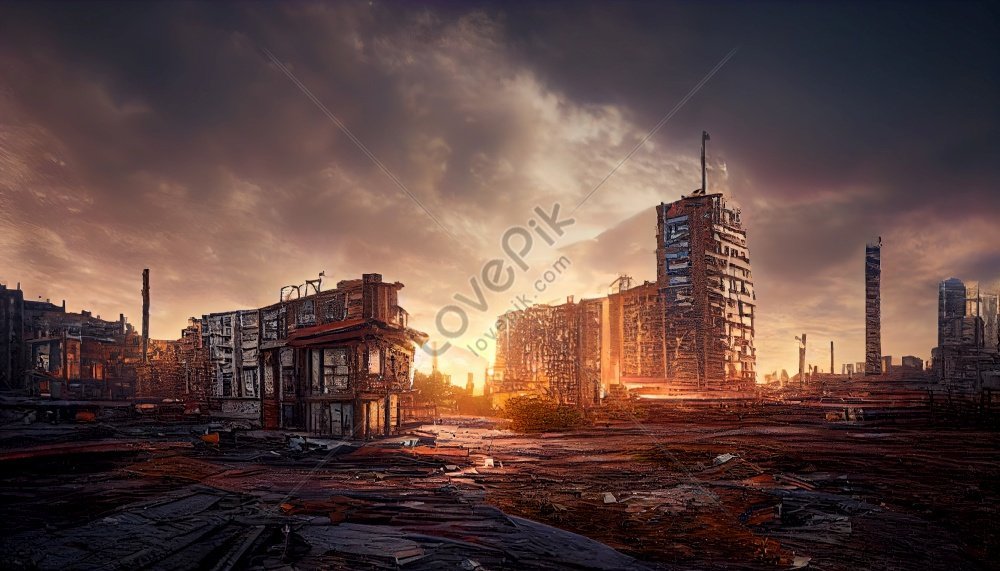 Destroyed City Background Photo Under Post Apocalyptic War Storm Clouds ...