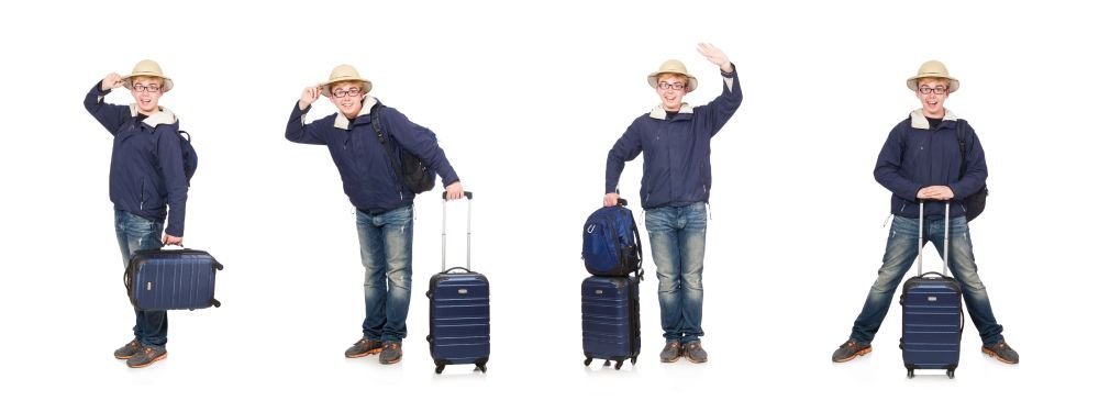 funny man with luggage sporting a safari hat picture, hat pictures, funny, collage HD Photo