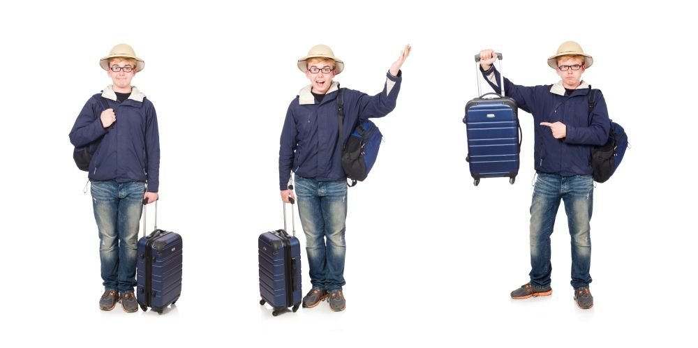 funny man with luggage sporting a safari hat picture, hunter, hat pictures, tropical HD Photo