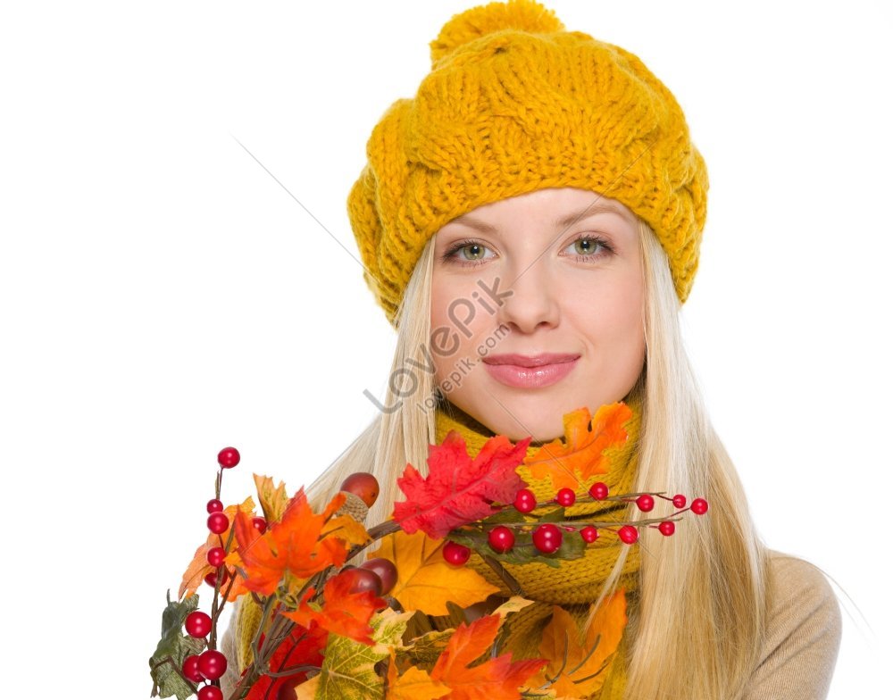 Girl Wearing Hat And Scarf Holding Autumn Bouquet Picture Picture And ...