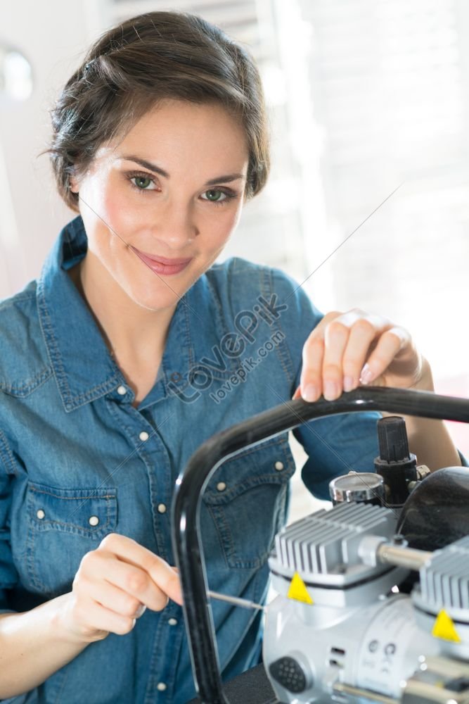 Happy Woman Checking And Repairing Car Engine In Garage Photo Picture ...