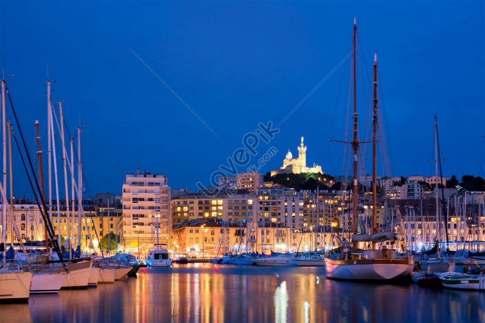 marseille old port with yachts and basilica of notre dame de la garde at night marseille photo, an hour, night, city HD Photo