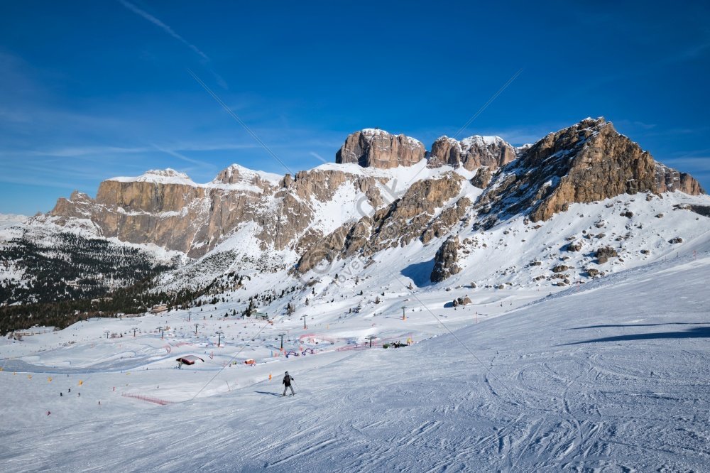 View Of Ski Resort Piste With People Skiing In Dolomites Italy Ski Area ...