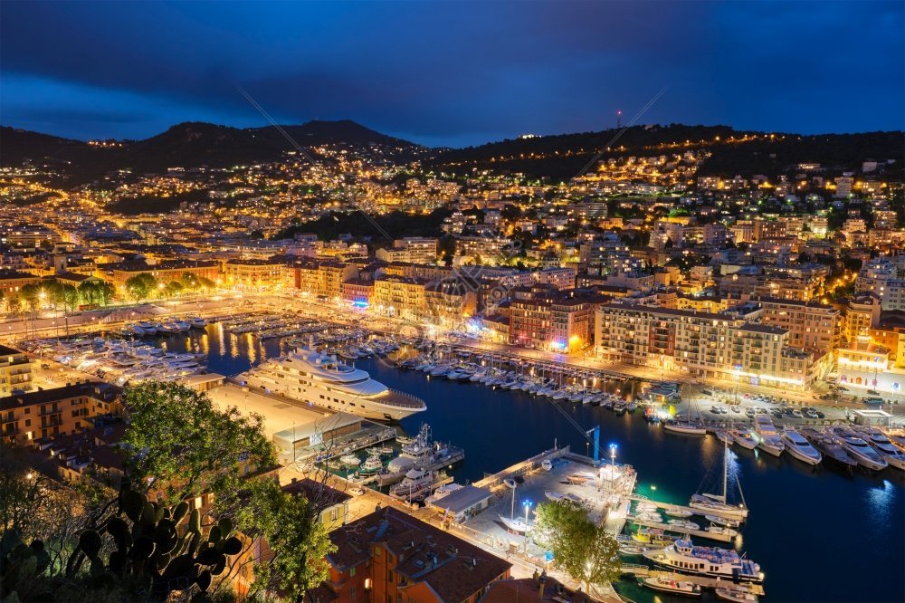 view of old port of nice with luxury yacht boats from castle hill a photo, an hour, nice view, concept HD Photo