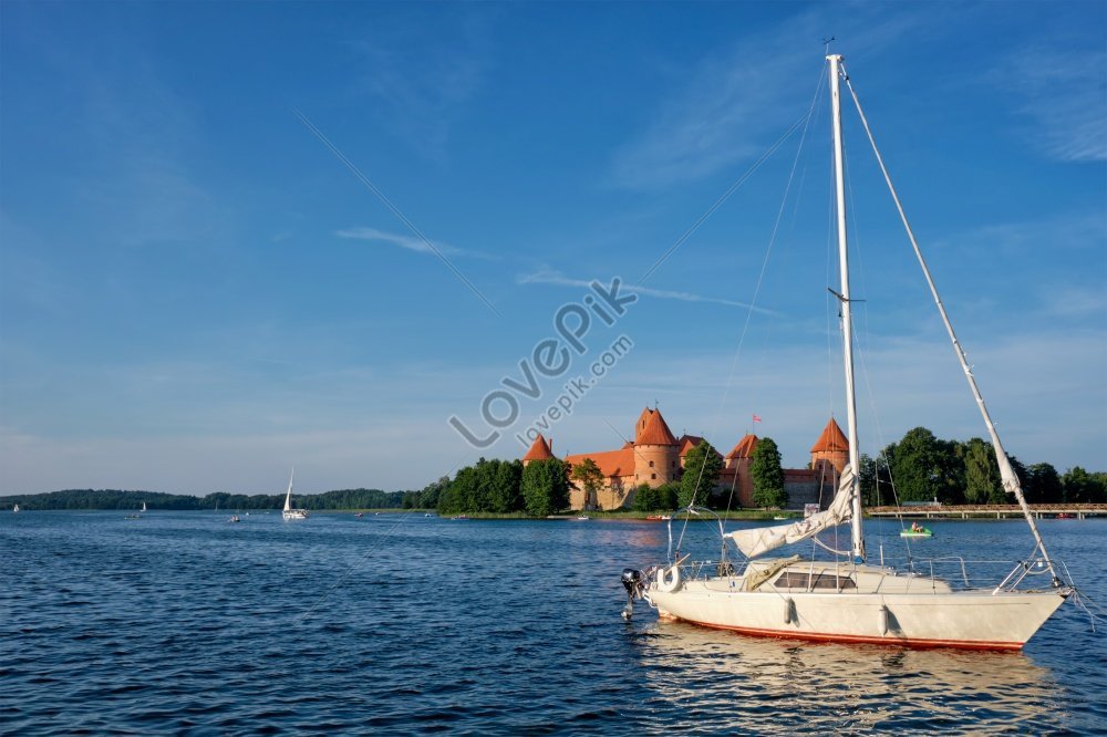 yacht boats and trakai island castle in lake galve during daylight photo, tranquil, yacht boat, natural HD Photo