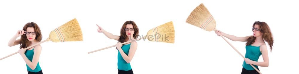 Kabataang Babae na may hawak na walis sa White Background na Larawan ...