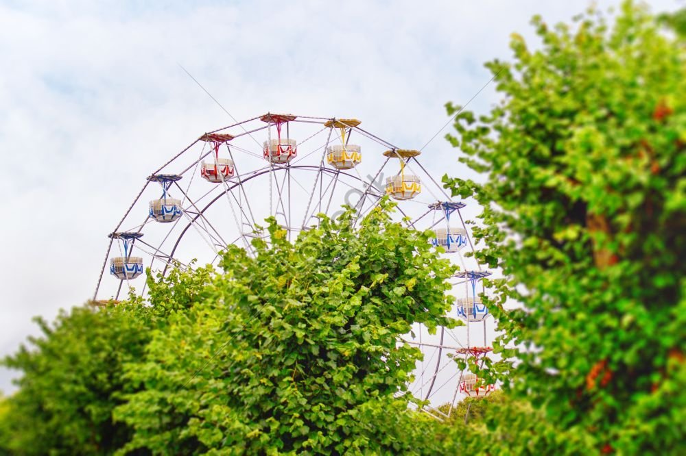 Summer Photo Of An Amusement Park With A Ferris Wheel Behind Green ...