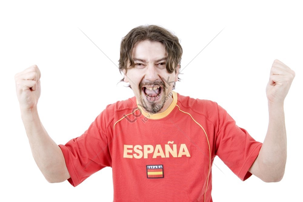 Happy spain. Мужчина болельщик с руками на поясе Мем.