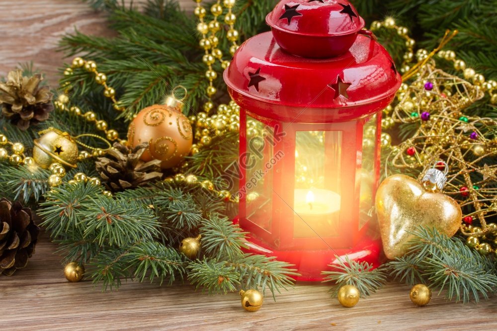 Christmas Photo Of Red Glowing Lantern And Evergreen Tree Picture And ...