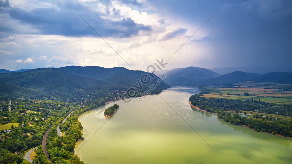 Aerial View Of Danube River Near Visegrad In Hungary Photo During Summer Rain And Stormy Weather