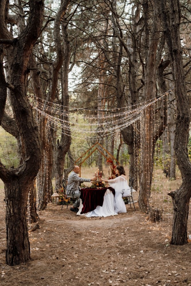 Ceremonia De Boda En El Bosque Otoñal Y Cena De Una Pareja De Recién Casados Photo Foto