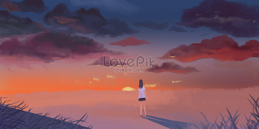 夕日の女の子イラストイメージ 図 Id 400060940 Prf画像フォーマットpsd Jp Lovepik Com