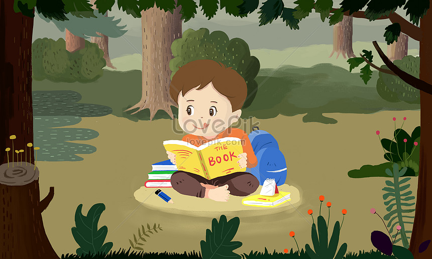 A child reading in a large forest illustration image_picture free ...