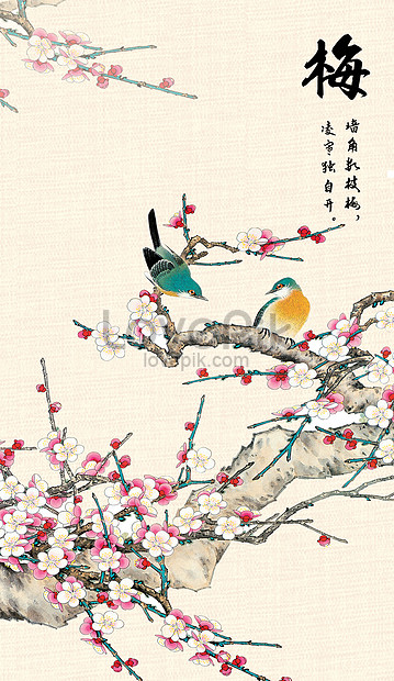中國風梅花鳥圖片素材，詩句, 寫意, 鳥高清背景桌布圖案免費下載- Lovepik