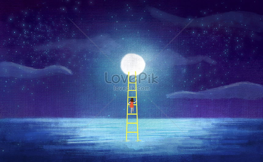 Meisje Op De Maan Onder De Sterren Bij Nacht Landen Afbeelding | Gratis Illustratie Downloaden op Lovepik | 400072205