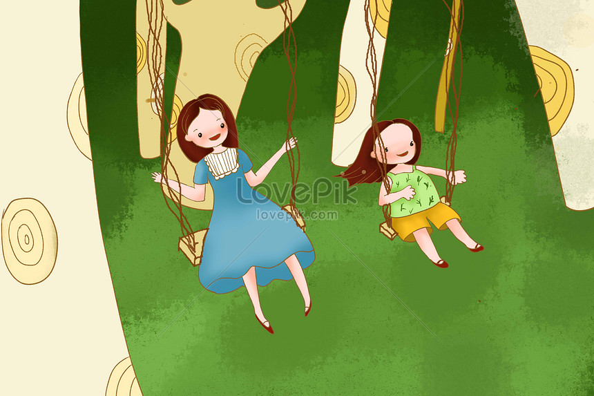 A Mother And Daughter With A Hand Painted Swing In The Open Air Illustration Image Picture Free Download Lovepik Com