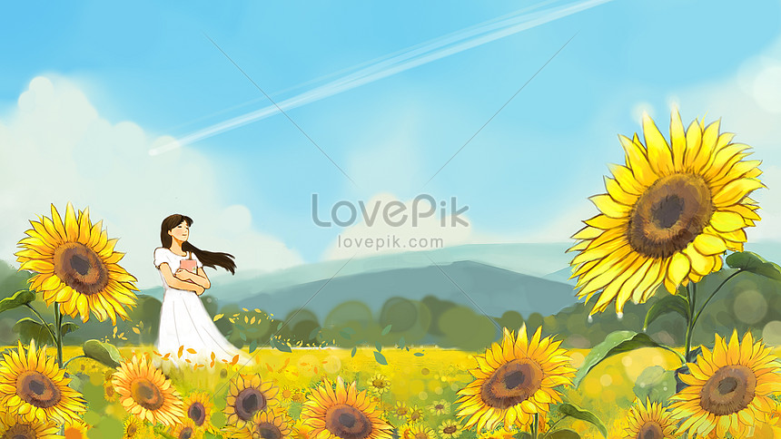 Gadis Di Taman Bunga Matahari Gambar Unduh Gratis Ilustrasi