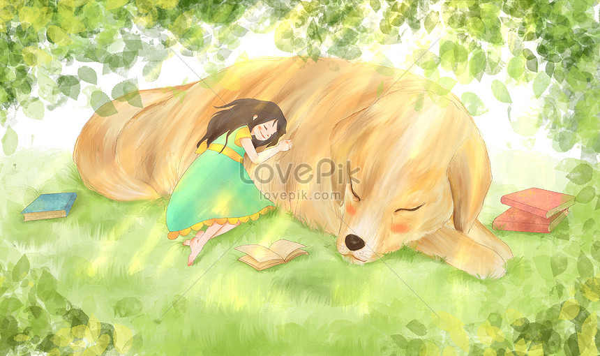 昼寝の女の子と犬の暖かいイラストイメージ 図 Id Prf画像フォーマットpsd Jp Lovepik Com