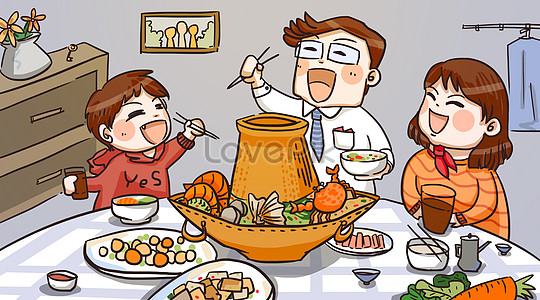 Rodinný zimní teplý horký hrnec ilustrace jpg