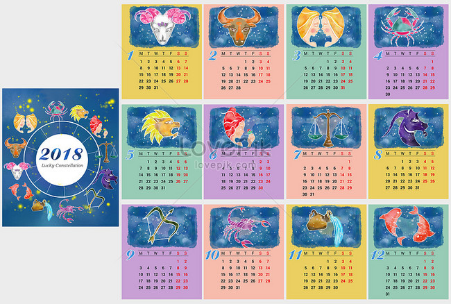 2018 календаря иллюстрации счастливого созвездия изображение_Фото номер  400079243_PSD Формат изображения_ru.lovepik.com