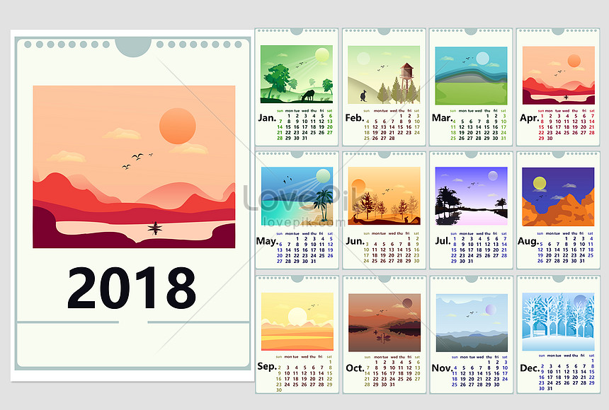 Landscape Vector Calendar 2018, Landscape Calendar 2017
