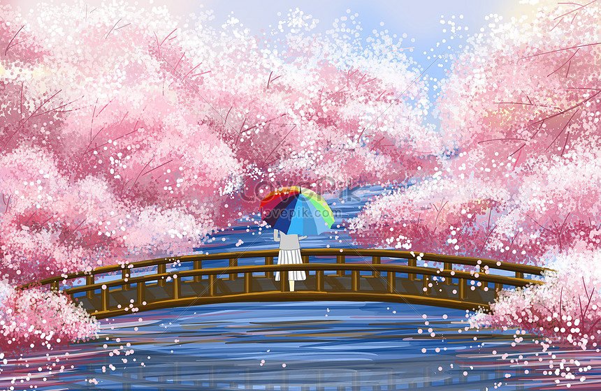 Bunga Sakura Ilustrasi Pemandangan Gambar Unduh Gratis