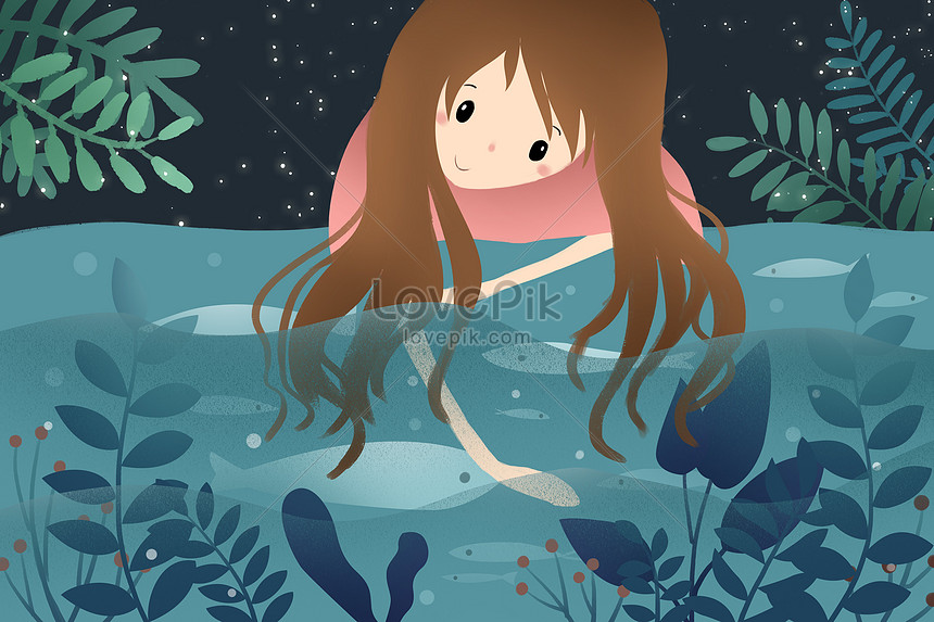 A girl on the side of a fish pond illustration image_picture free download  