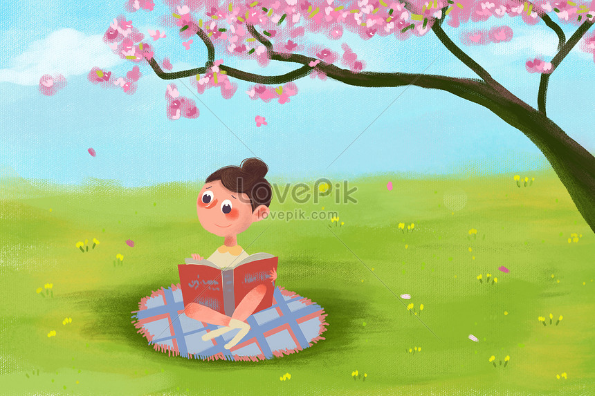 Gadis Kecil Membaca Buku Di Bawah Bunga Sakura Gambar Unduh