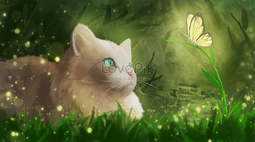 猫と蝶の芝生 イラスト素材 無料ダウンロード Lovepik