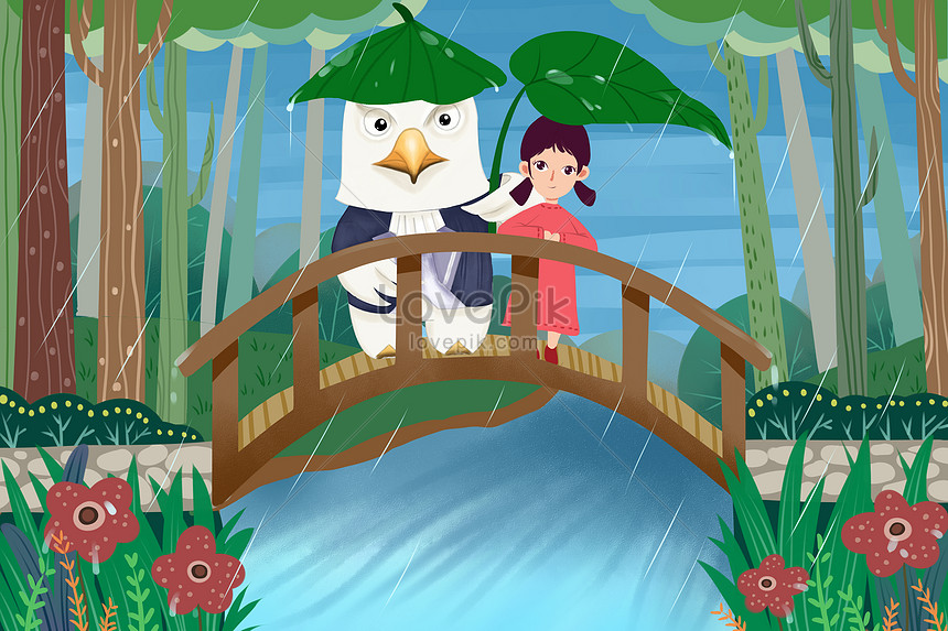 Dapeng bird and girl on the bridge in rainy season illustration  image_picture free download 