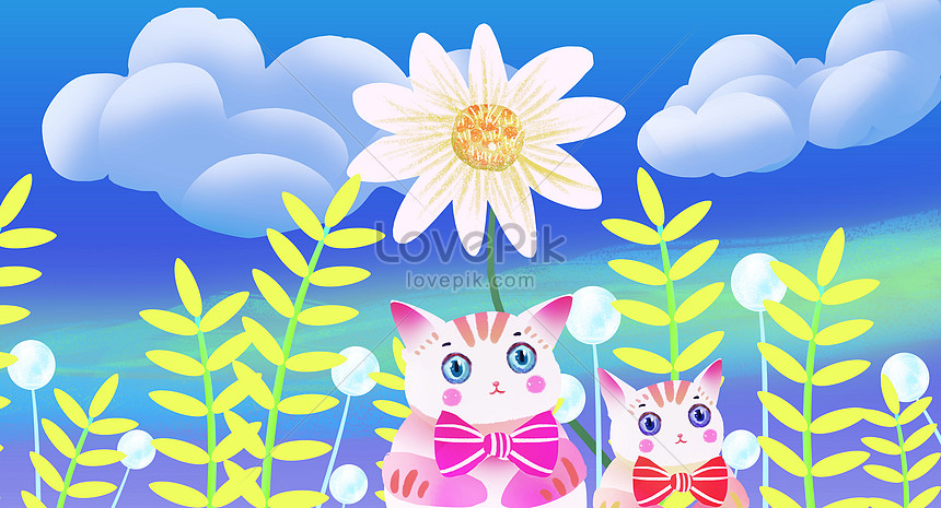 花と猫のかわいいイラストイメージ 図 Id 400121354 Prf画像フォーマットpsd Jp Lovepik Com
