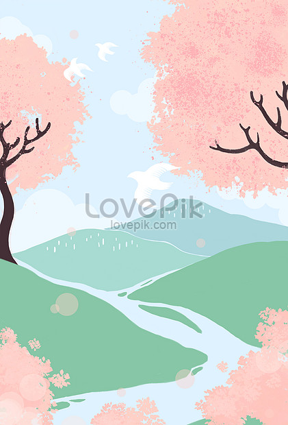 Spring Mountain Illustration, spring illustration, cherry blossoms illustration, pink illustration