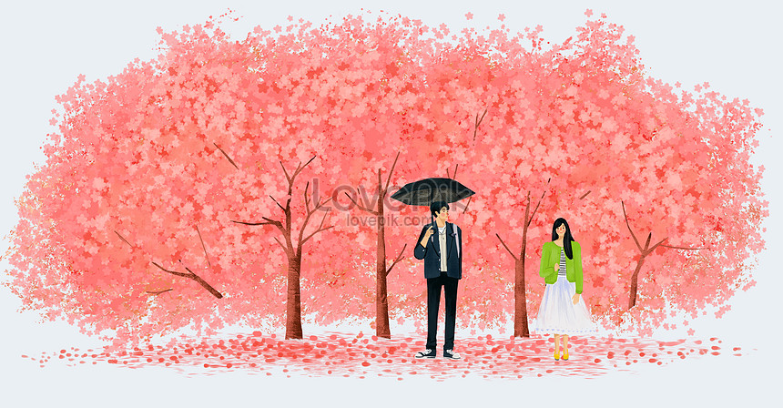 A boy and a girl under the cherry tree illustration image_picture free ...