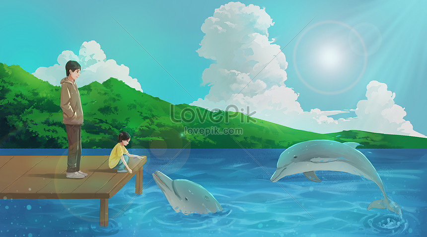 Padre E Hija Viendo Delfines Junto Al Mar | PSD ilustraciones imagenes  descarga gratis - Lovepik