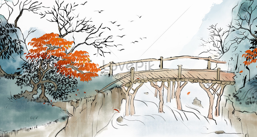 Lukisan Pemandangan Jembatan Tinta Gambar Unduh Gratis