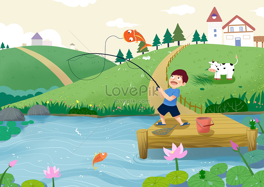 立夏の河边で钓釣をする イラスト素材 無料ダウンロード - Lovepik