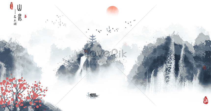 Chinese fengshui ink landscape painting illustration image_picture free ...