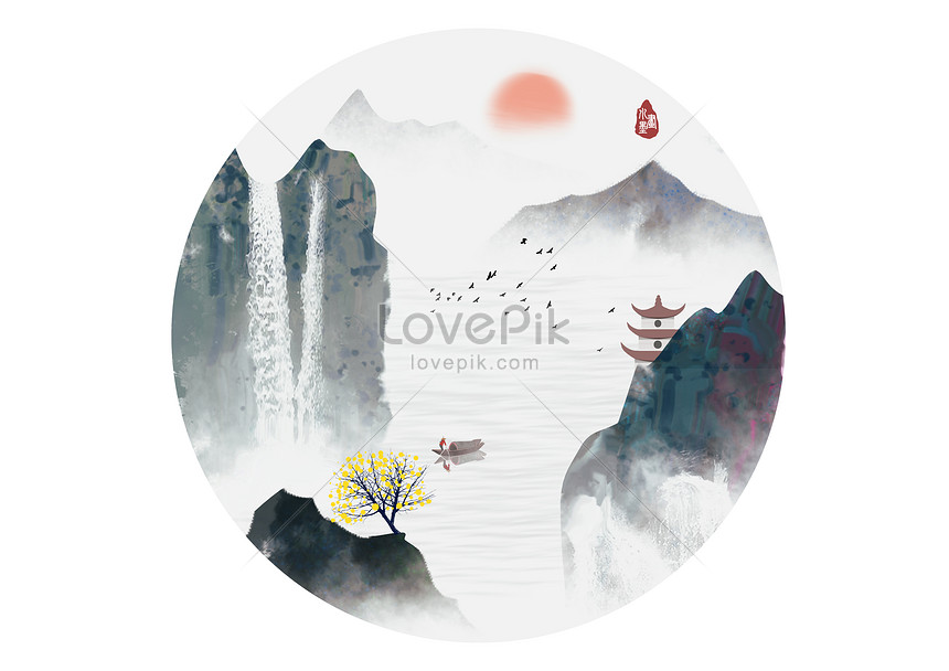Chinese fengshui ink landscape painting illustration image_picture free ...