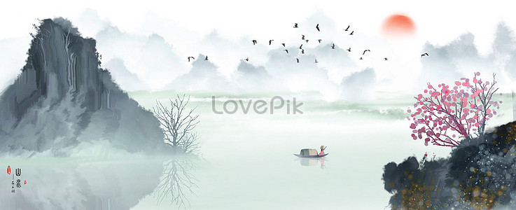 Chinese wind and water ink painting illustration image_picture free ...