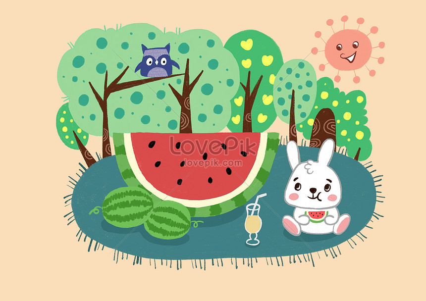 夏の白いウサギ食べるスイカイラスト手描き イラスト素材 無料ダウンロード Lovepik